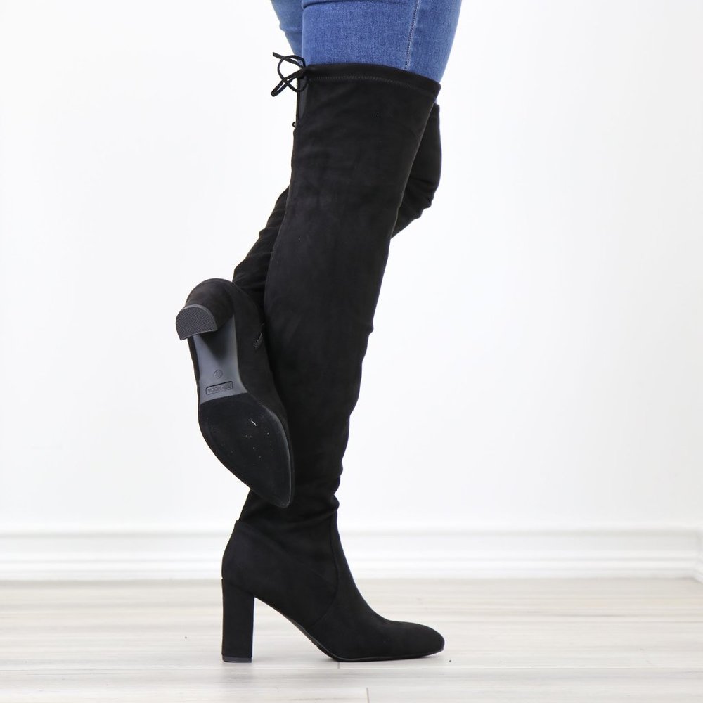 Pointy Toe Black Faux Suede Thigh High Over The Knee Block High Heel Boots - Picture 7 of 15